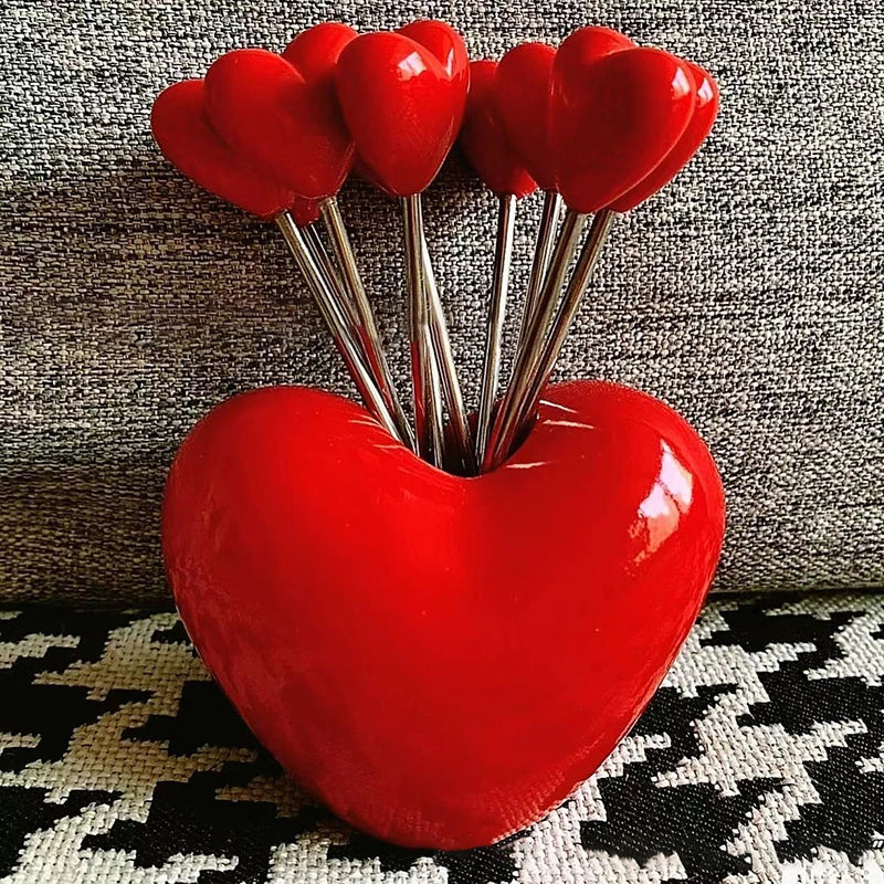 Love Heart Mini Fork Set with Holder – 10pcs Metal Reusable Fruit and Cake Picks