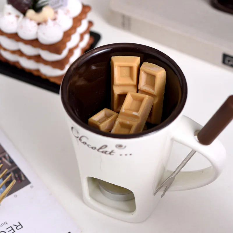 Chocolate Fondue Mug Set with Fork – Ceramic Candle Heating Cup for Cheese & Desserts