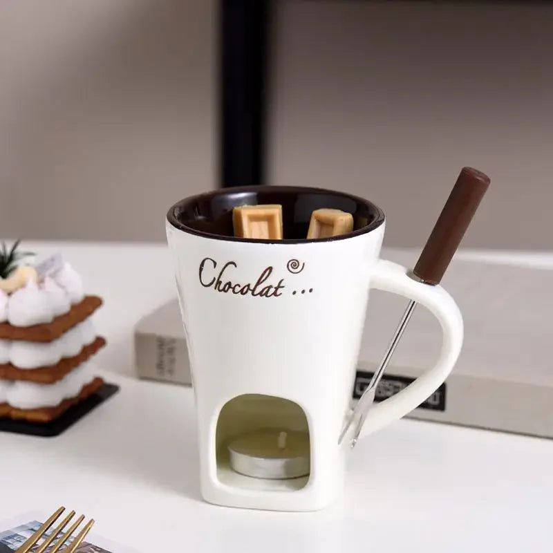 Chocolate Fondue Mug Set with Fork – Ceramic Candle Heating Cup for Cheese & Desserts