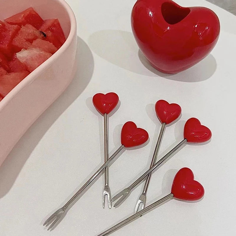 Love Heart Mini Fork Set with Holder – 10pcs Metal Reusable Fruit and Cake Picks