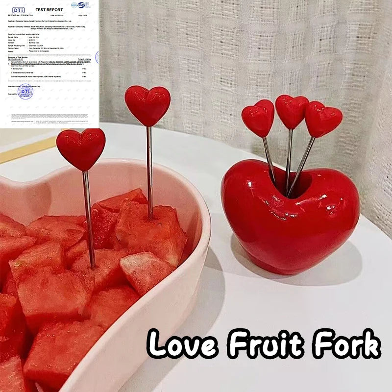 Love Heart Mini Fork Set with Holder – 10pcs Metal Reusable Fruit and Cake Picks