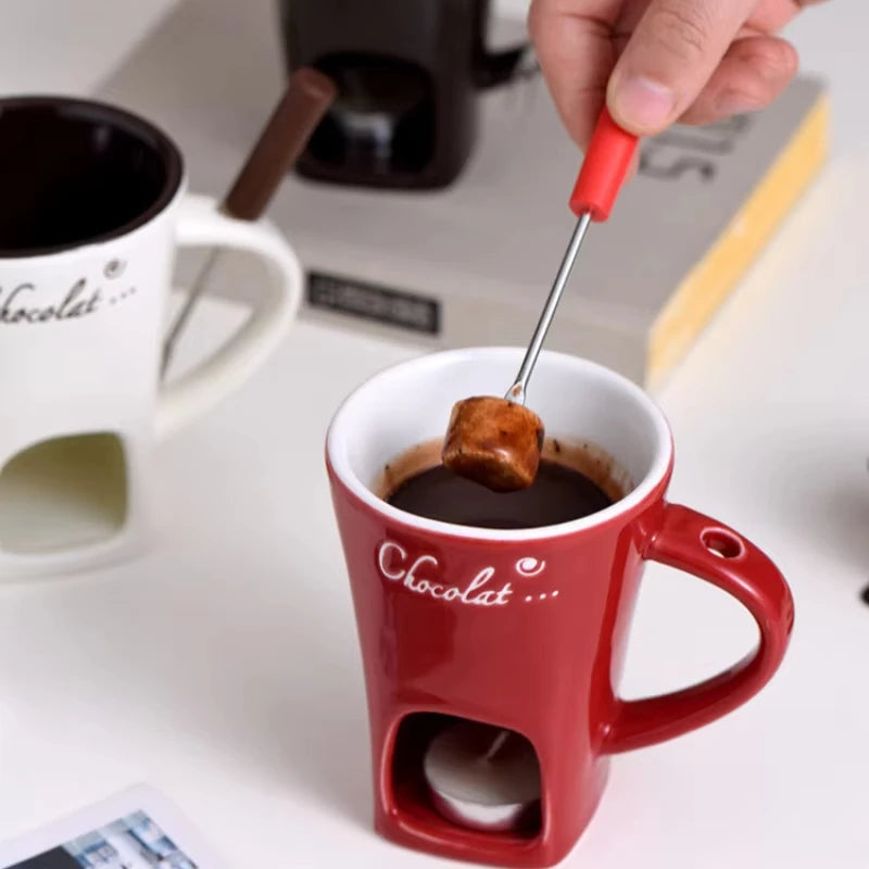 Chocolate Fondue Mug Set with Fork – Ceramic Candle Heating Cup for Cheese & Desserts