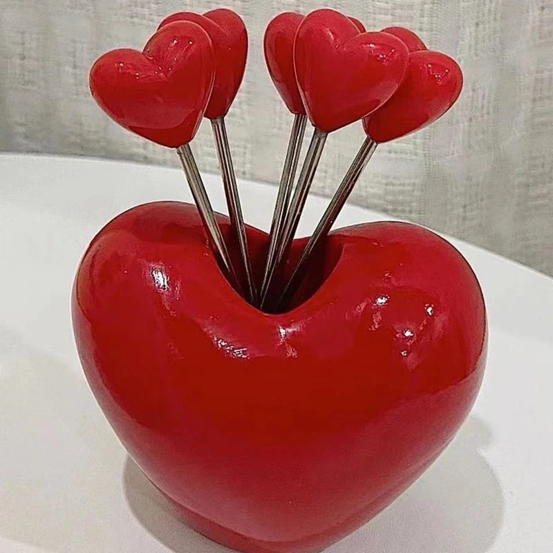 Love Heart Mini Fork Set with Holder – 10pcs Metal Reusable Fruit and Cake Picks