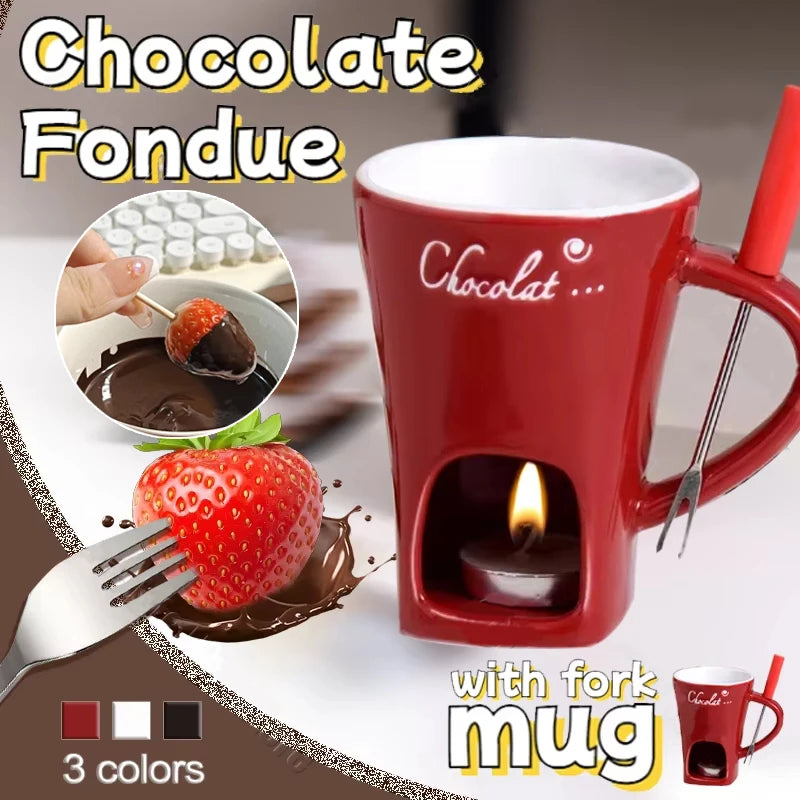 Chocolate Fondue Mug Set with Fork – Ceramic Candle Heating Cup for Cheese & Desserts