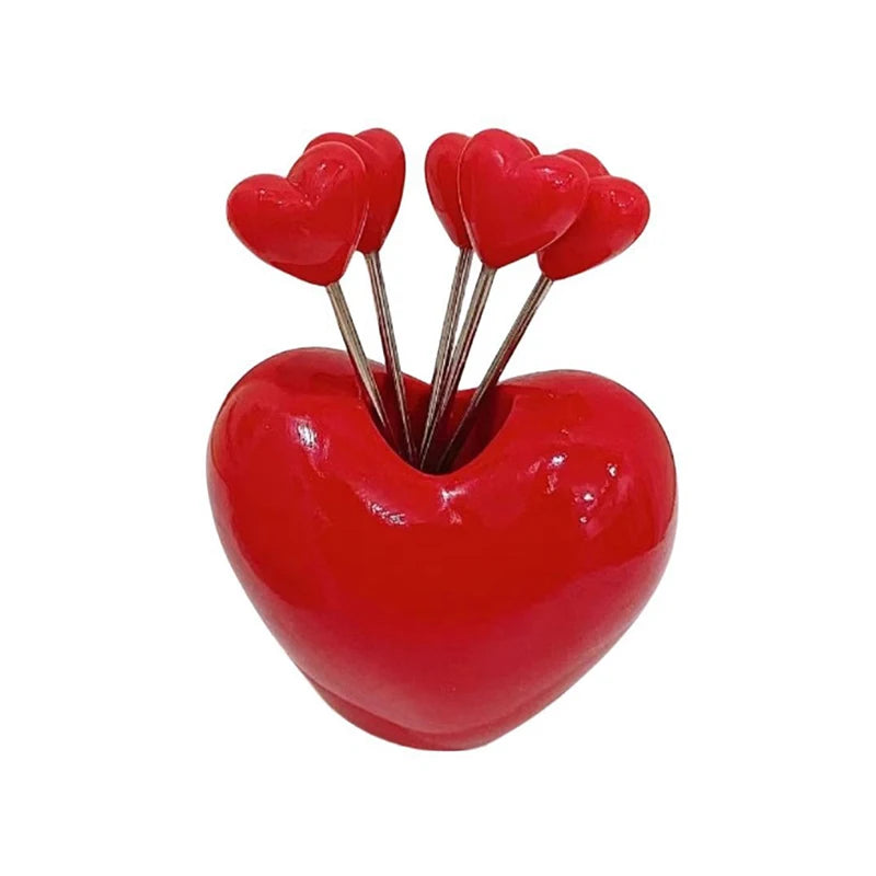 Love Heart Mini Fork Set with Holder – 10pcs Metal Reusable Fruit and Cake Picks