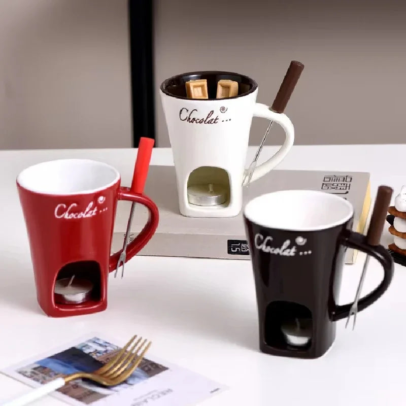 Chocolate Fondue Mug Set with Fork – Ceramic Candle Heating Cup for Cheese & Desserts