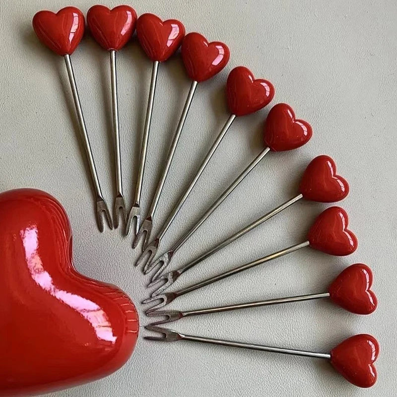 Love Heart Mini Fork Set with Holder – 10pcs Metal Reusable Fruit and Cake Picks