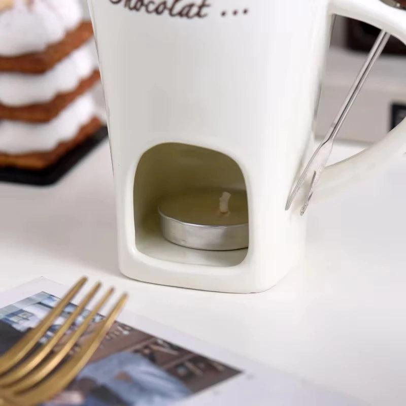 Chocolate Fondue Mug Set with Fork – Ceramic Candle Heating Cup for Cheese & Desserts