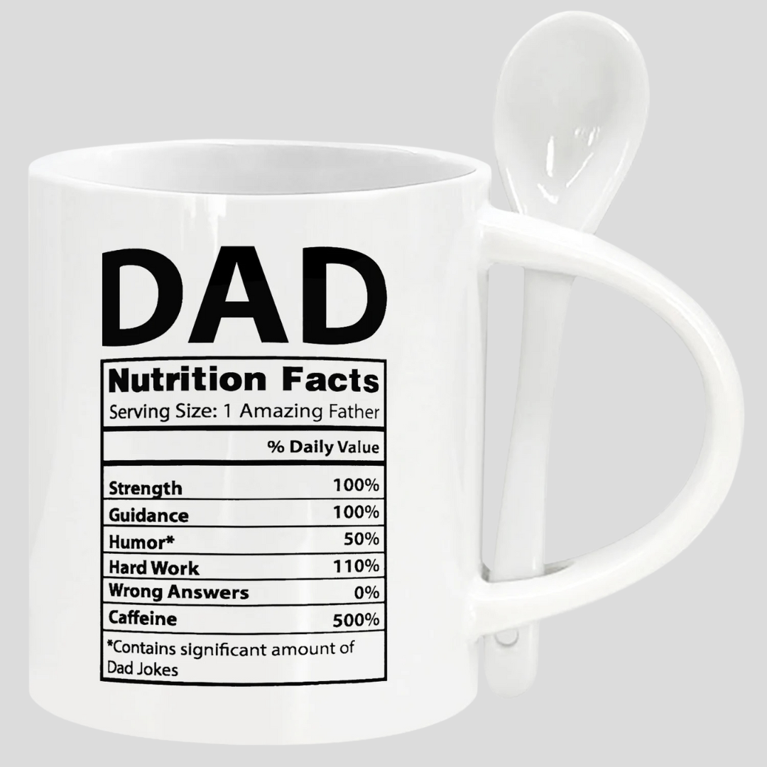Dad Nutritional Facts Mug – Ceramic Coffee Cup with Spoon
